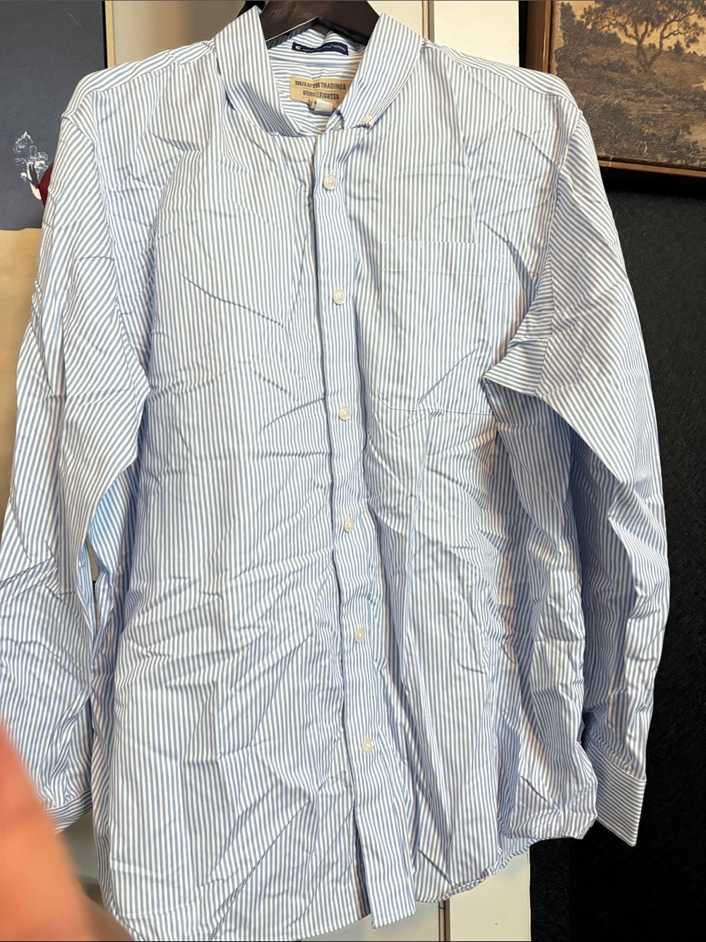 Duluth Trading Co Light Blue and White Striped Dress Shirt